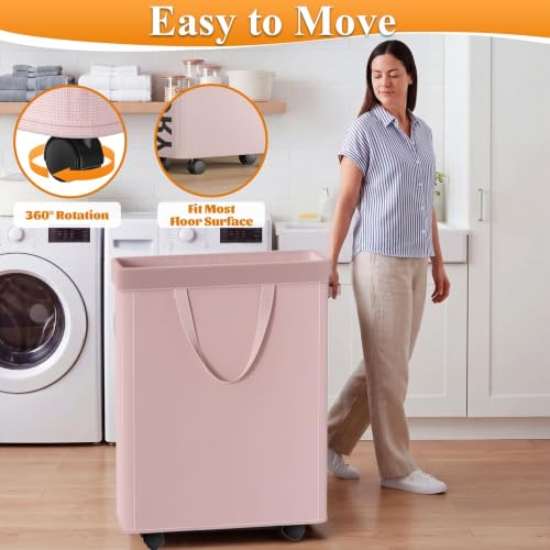 Image of Optish 50L Slim Rolling Laundry Basket with Wheels & Removable Bag, Pink