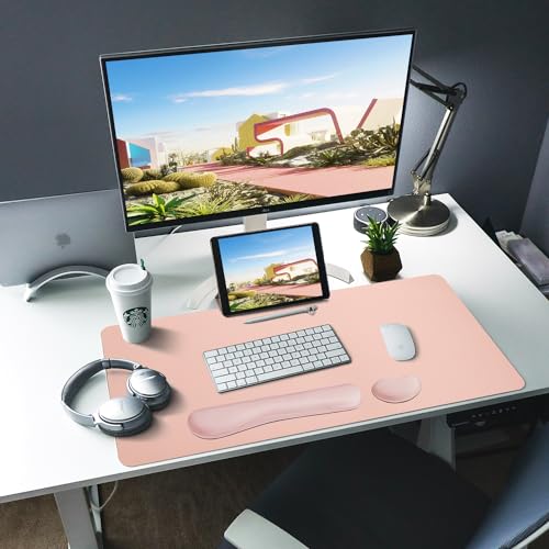 Image of Bloss Leather Desk Pad and Keyboard Wrist Rest, Large Mouse Pad + Keyboard Pad+Mouse Wrist Support, Non-Slip Desk Mat Protector for Office, Home(31.5x15.7 Inches,Pink)