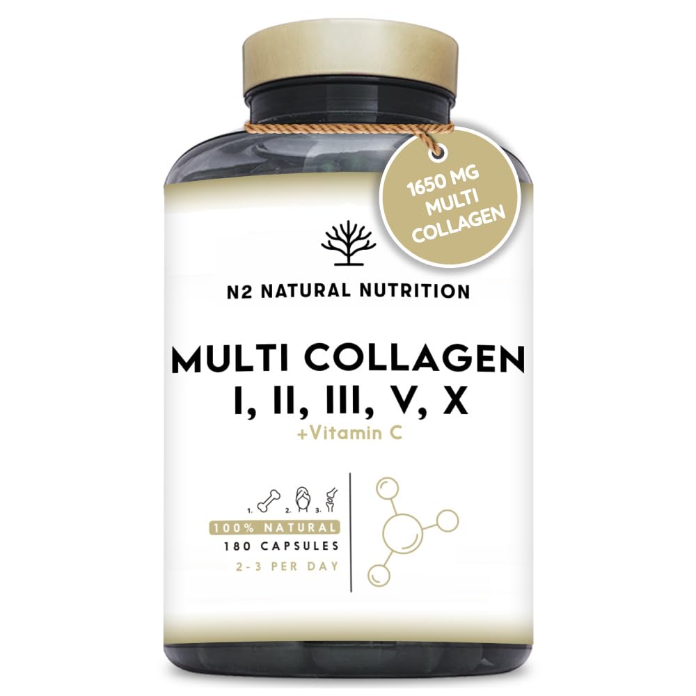 Multi Collagen 1650mg Type I, II, III, V, X. Bovine & Marine Collagen Peptides. 180 Capsules Enhanced with Vitamin C. High Strength Collagen for Joints, Hair and Skincare. N2 Natural Nutrition