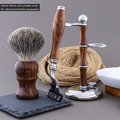 Foto von Haryali London Rasierset - Rasierhobel - Rasierpinsel Dachshaar - Rasierständer - 3 Kante Nassrasierer - Rasierset aus Holz-Metall Griff - 3 teiliges Rasierhobel Set als Geschenkset