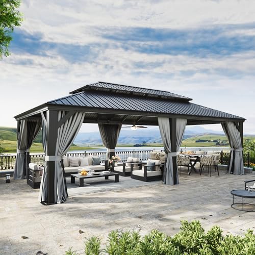 Image of Aoxun 14' X 24' Aluminum Gazebo with Drainage System, Netting, Grey | Hardtop Outdoor Gazebo with Galvanized Steel Double Roof, Patio Permanent Metal Pavilion, for Garden, Deck, Pool