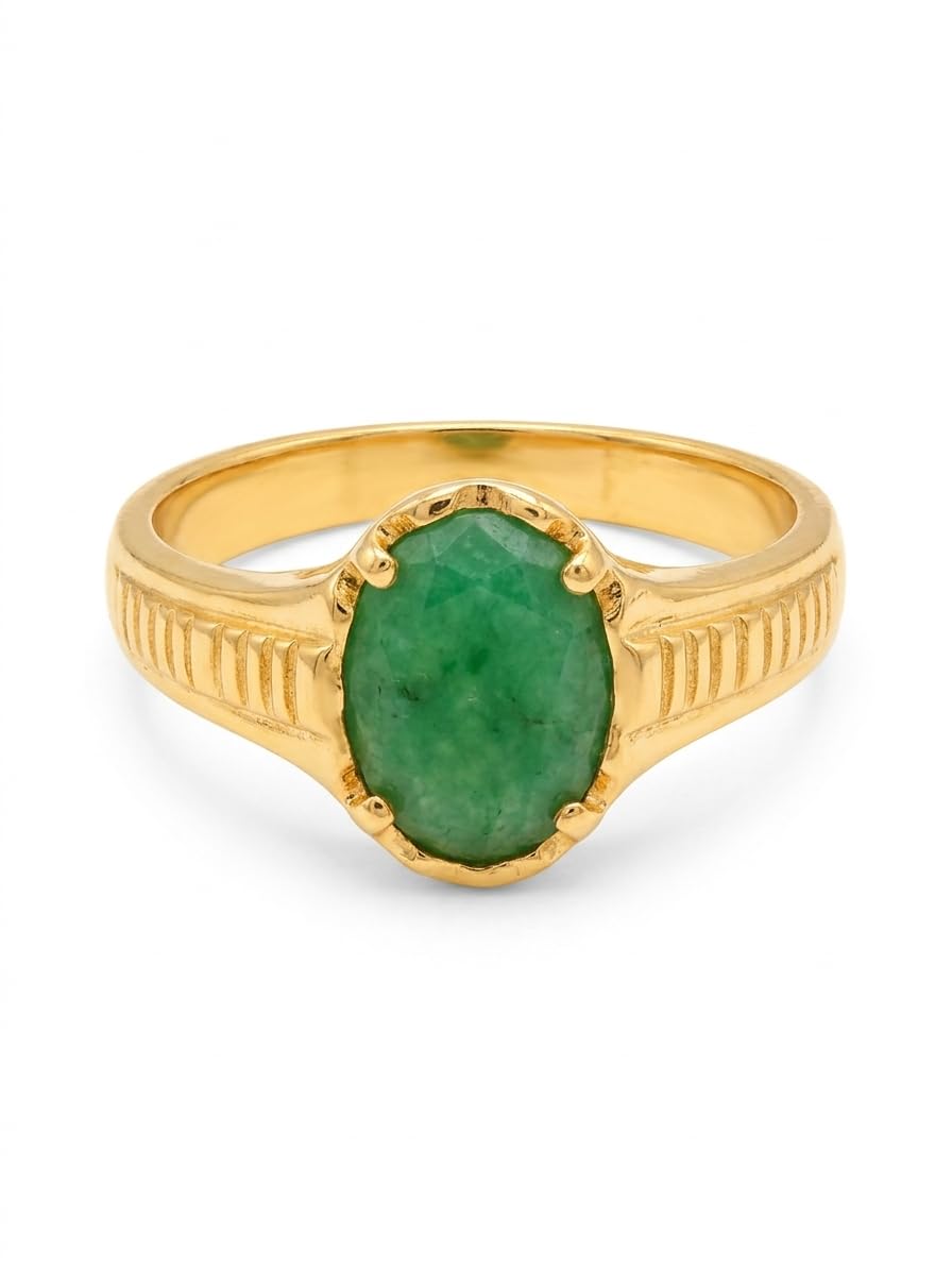 Panchaloha Ring for Women and Men, No Polish, Size 22, Green Oval Stone, Gold Tone Metal with Textured Band-image-35