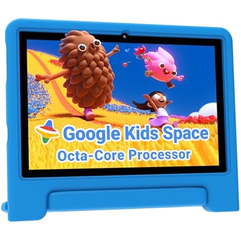 ApoloMedia Kids Tablet 10 inch, Upgraded Android 14 Tablet for Kids Ages 3-12, Octa-Core Tablets with Case, 64GB Storage(TF Expand 1TB), Pre-Installed Google Kids Space, Parental Control (Sea Blue) Cover