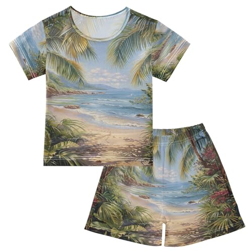 ALAZA Tropical Leaves Beach Landscape Pajama Set Short Sleeve Sleepwear Soft Lounge Nightwear