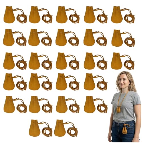Image of Mythrojan Pack of 25 Small Trinket Pouches Suede Leather Drawstring Coin & Dice Bags for LARP, SCA, Viking & Medieval Events, Color : Yellow