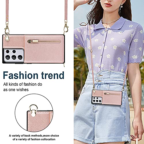 Crossbody Wallet Case Compatible with Samsung Galaxy S10e Leather Phone Case with Card Holder and Strap Cover Magnetic Closure Flip Folio Zipper Purse Kickstand Shockproof Protective Shell(Rose Gold)