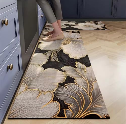 Image of SHREENIDHI Kitchen Floor Mat Set of 2 Rectangular Printed Mats for Sink Stove and Counter Area Placement with Kitchen Theme Geometric and Floral Design Options (Luxury Floral Mat 1)