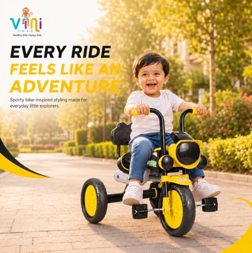 Image of GXR Tricycle for Kids 2 to 5 Years | Baby Cycle 2 to 5 Years | Baby Tricycle & 3 Wheeler Cycle for Kids with LED Headlight, Rhyme Music, EVA Wheels, Backrest & Steel Frame (Yellow)