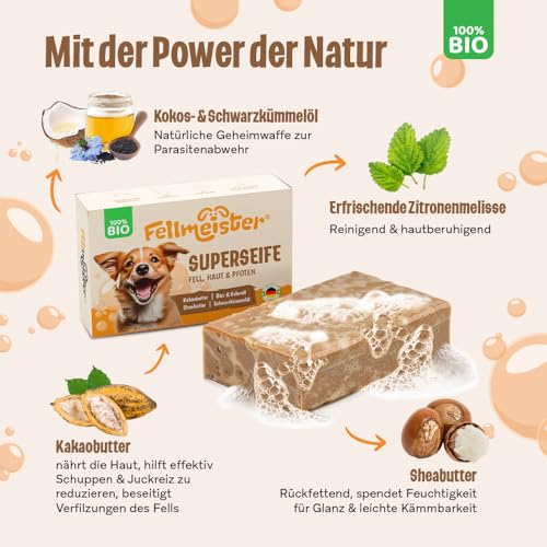 Fellmeister® Bio Hundeseife – 100% handgemachte Naturseife für Hunde – nachhaltige Fell- & Hautpflege mit Kokosöl, Sheabutter & Schwarzkümmelöl – palmölfrei & plastikfrei (1er Stück)