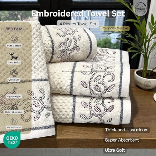 Image of SENSES By Riba Cotton Embroidered Towel Set, 550 GSM Soft & Absorbent, Antimicrobial, Oeko-Tex Certified | Ideal for Home & Gifting, Pack of 4 (2 Bath 27 inchX50 inch + 2 Hand Towels 16 inchX26 inch) - Style 21