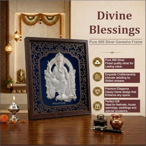 Image of Silver Plating Ganesh Frame | Divine Home Decor | Wall Mount Square PhotoFrame for Gift, Ganpati Wooden Photo Frame for Temple | Tabletop (6.50 inch x 6.50 inch Inch)