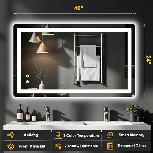 Image of LED Bathroom Mirror with Lights, 24 inchx40 inch Lighted Vanity Mirror for Wall | Anti-Fog, Dimmable 3 Color Light, Backlit+Frontlit, Shatterproof Tempered Glass, Memory Function