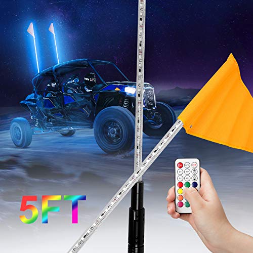 kemimoto 2pc 5ft LED Whip Lights w/Flag [20 Colors] [Wireless Remote] [Weatherproof] Compatible