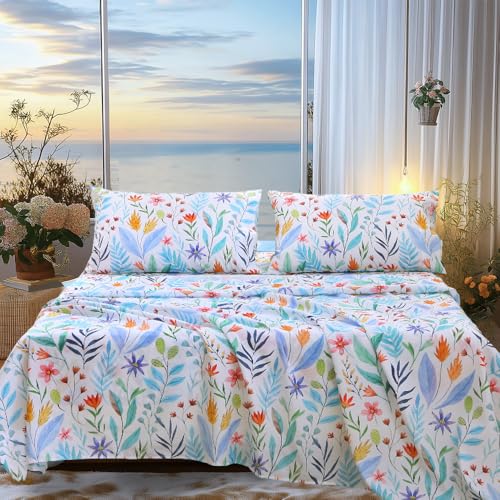 Image of MUXHOMO King Size 4 Piece Sheet Set, Soft & Breathable Sheet for Bedroom with Deep Pocket Up to 16 inch, Wrinkle-Free & Cooling Bed Sheets with Flat Sheet, Fitted Sheet & Pillowcases - Colorful Leaves
