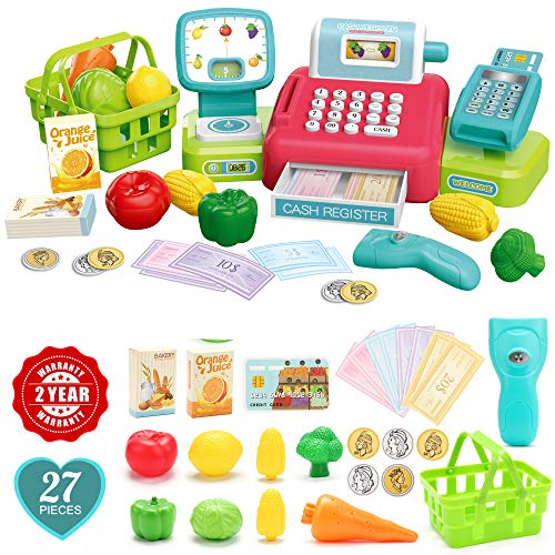 Cash Register Toy for Kids with Fruits, Vegetables, Shopping Basket, Credit Card, Play
