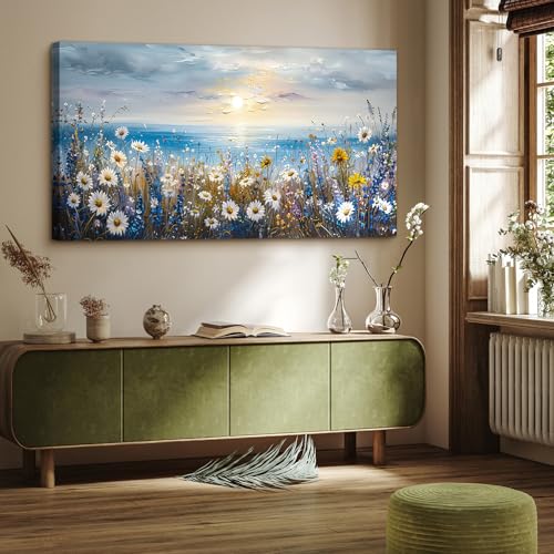 crmotu Beach Wildflower Landscape Wall Art, Seaside Sunset Extra Large Wall Decor, Daisy Floral Botanical Canvas Prints, Modern Rustic House Decorations Living Room Dining Room Farmhouse 30X60 In