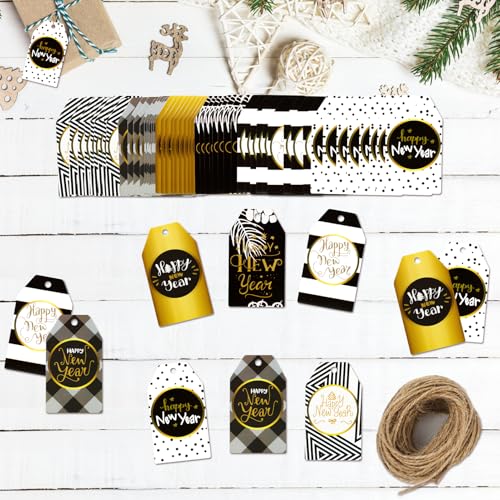 HOWAF-60pcs-Happy-New-Year-Paper-Gift-Tags-Black-and-Gold-New-Year-Name-Tags-Label-with-String-for-2025-New-Year-Presents-Decoration-New-Year-Decorations-Gift-Wrap-Supplies-DIY-Kraft-Paper-Label