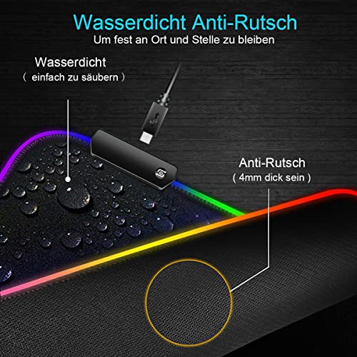 Owege Oyun fare altlığı XXL 800 x 300 mm RGB fare altlığı, büyük, 14 aydınlatma modu, 7 LED renk, dikişli kenarlar, su geçirmez, kaymaz, hassasiyeti artırır, komple siyah