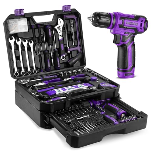 DEKO Caja Herramientas Completa Eléctricas 238 Piezas con 12V Taladro Eléctrico sin Cuerda, 10 mm Chuck sin Llave, Caja de herramientas Domésticas de Bricolaje para Oficinas y Jardín, Morado
