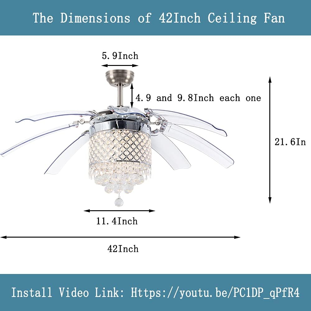 Crazy Deals LuxureFan Modern Crystal Ceiling Fan Light for Living Room Restaurant with 8 Foldable Transparent Acrylic Leaves with Invisible Take-Off Remote Chandeliers of Sand Nickel 42 Inch