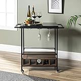 Walker Edison Marble and Wood Bar Serving Cart with Wheels Wine Glass and Bottle Kitchen Storage, 34...