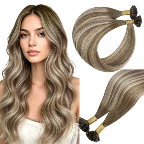 Image of Easyouth 20 Inch U Tips Hair Extensions Human Hair Balayage, Brown Utip Hair Extensions Balayage, 50G 50S, Darker Brown Ombre, Long Straight Hair, Prebonded Keratin Hair Extension, for Women