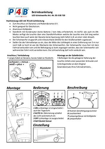 P4B | LED Fahrradlicht für Dynamo/Nabendynamo - 70 Lux | Fahrradbeleuchtung vorne mit Schalter (ON/AUT./Off) | Mit Reflektor und Standlichtfunktion | StVZO zugelassen