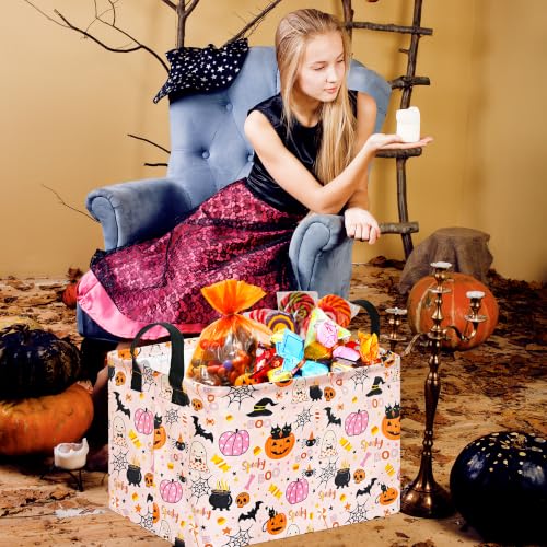 Image of Happy Halloween Ghost Storage Basket Gift Laundry Bins Collapsible Storage Baskets Box Laundry Nursery Hamper for Home Decor and Office Decoration with Handles(Pink Pumpkin)