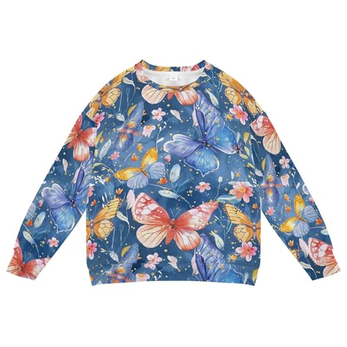 JUNZAN Watercolor Butterflies and Flowers Blue Big Boys Pullover Hoodie Crewneck Fall Tops Shirts Sports 4T