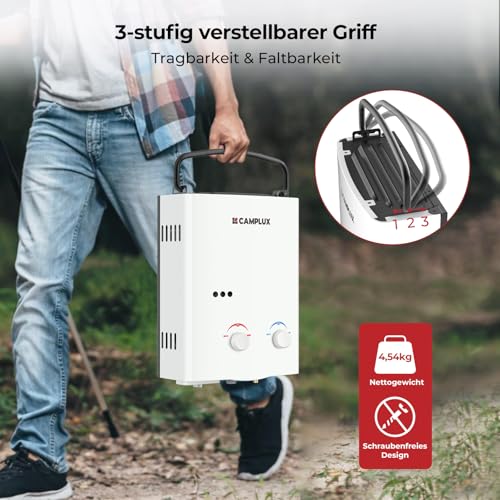 CAMPLUX AY132-DE 5 Liter Tankless Gasdurchlauferhitzer 50mbar, LPG Durchlauferhitzer mit Tragbarer Griff, 10 kW, Propan- oder Butangas, Campingdusche