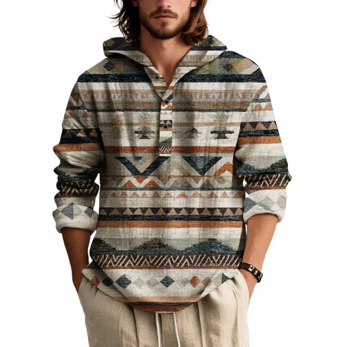 Aztec Hoodie for Men 2025 Fall Trendy Button Up Hooded Sweatshirts Lightweight Baggy Western Pullover Shirts