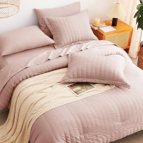 Image of CozyLux King Size Comforter Set Rose Gold, 7 Pieces Seersucker Textured Luxury Bed in a Bag Dusty Pink, All-Season Soft Bedding Sets with Down Alternative Comforter, Sheets, Pillowcases & Shams