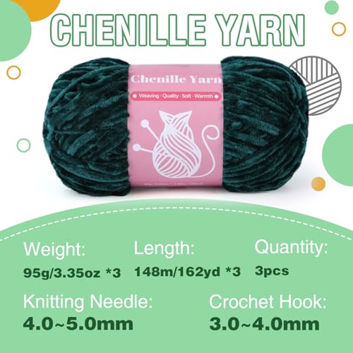 Image of LUNARM Chenille Velvet Yarn for Crocheting Knitting, 3 Pack of 100g /3.5oz Velvet Yarn for Crocheting & Knitting, 486 Yard Soft Yarn for Making Creations & Crochet & More (Dark Green)