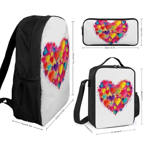 3 Piece Backpack for Women Men Lightweight Causal Daypack Shoulder Bag Set with Insulated Lunch Bag And Pencil Case Organizers Colourful Heart2