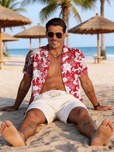 Image of Yoimira Hawaiian Shirts for Men, Print Mens Casual Short Sleeve Button Down Shirts Floral Aloha Beach Shirt