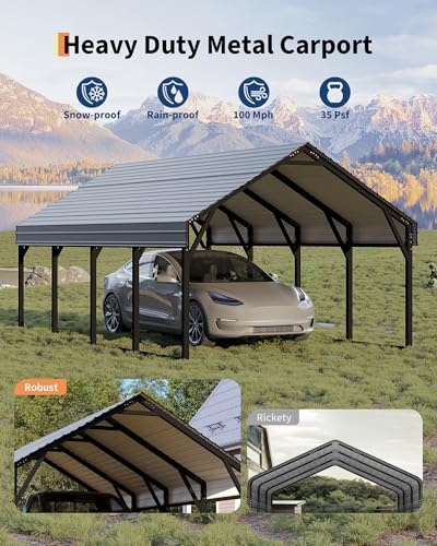 Image of GarveeLife 12x20 ft Metal Carport, Reinforced Frame and Steel Roof for All-Weather Use, Permanent Shelter for Bass Boats, Full-Sized Pickup Trucks, and Tractors