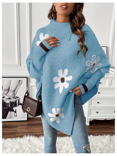 Women's Floral Poncho Sweater Long Sleeve Turtleneck Chunky Oversized Sweater Trendy Fall Winter Pullover Top3