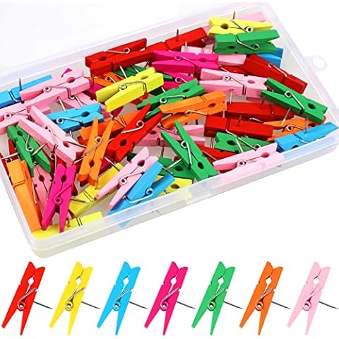 Push Pins with Wooden Clips - Vaktop 50PCS Wooden Pegs with Pushpins, Multicoloured Drawing Pins - for Cork Boards Notes Photos Display Wall (with Storage Box) Cover