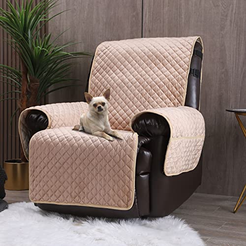Image of Velvet Recliner Covers Non Slip Waterproof Large Recliner Chair Covers for Leather Chairs Reversible Recliner Sofa Cover for Living Room Recliner Furniture Protectors Covers for Dog Pets Beige 28 inch