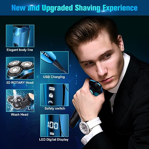 Image of Electric Razor for Men, Cordless 3D Rotary Head Shavers for Men Face, Wet /Dry Waterproof, LED Display, Ideal Gift for Husband /Dad /Boyfriend (Blue)