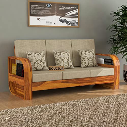 Image of Douceur Furnitures Solid Sheesham Wood 3 Seater Sofas | Three Seater Sofa for Living Room, Cafe, Office | (Honey Teak Cushion Matte)