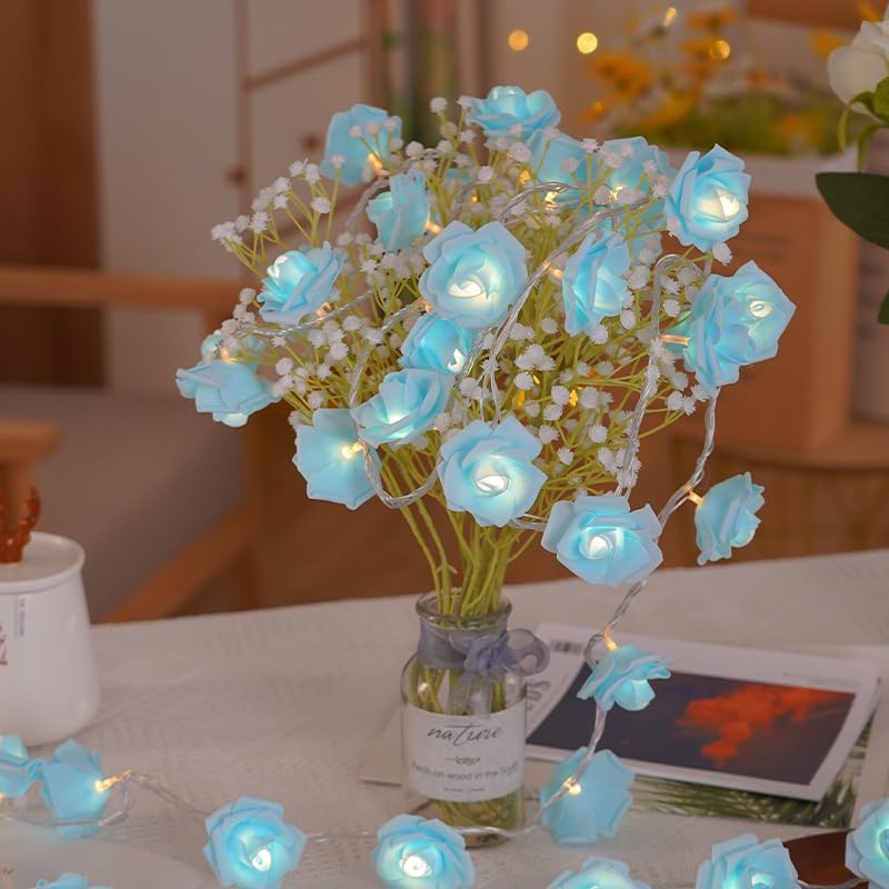 ZVO Guirnalda de Luces LED de Rosas de 3m, 20 LED Guirnalda Flores con Luz Funciona con Pilas, Guirnaldas Luces Decoración Luminosas de Interior para Bodas, Dormitorios, Navideña (azul)