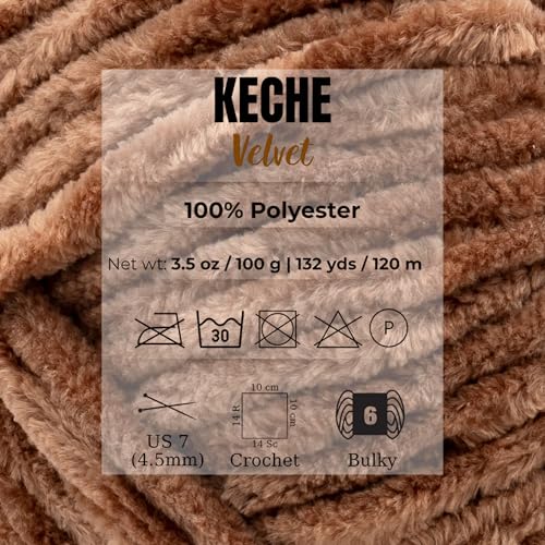 Image of Keche Velvet Yarn for Crocheting, Soft Chenille Bulky Baby Blanket Amigurumi Yarn 2x100 gr (2x132 yds) (2 Skeins) Latte