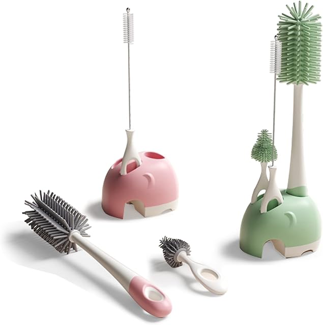 Bebamour Stand Baby Bottle Brushes for Cleaning 4 in 1 Soft Baby Bottle Brush, Teat Brush, Straw Cleaner, Water Storage Tray for Stand Bottle Brushes Cleaner Set (Pink)