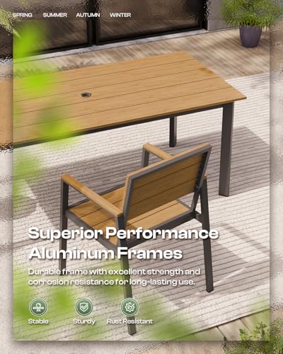 Image of 67 inch Rectangle HDPS Patio Dining Table, Aluminum Outdoor Patio Dining Table with Umbrella Hole, Weather-Resistant for Lawn, Garden, Yard, Poolside and Indoor Use (Gray & Teak)