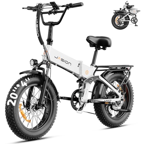 Image of Jasion X-Hunter Foldable Electric Bike, 1400W Peak Motor, 30MPH Max Speed 70+ Miles, 48V 13AH Removable Battery, Full Suspension System, 20''*4.0 Fat Tire Ebike For Adults, 7-Speed Bicycle with Basket
