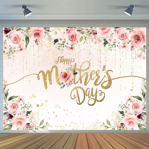 CYLYH 7x5ft Happy Mothers Day Backdrop Pink Flowers Golden Mothers Day Party Wall Decorations I Love Mom Gifts Photography Background Photo Booth Props