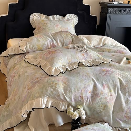VM VOUGEMARKET White Ruffle Duvet Cover Set Twin for Girls Breathable Muslin Cotton Flower Duvet Cover Soft Linen Like Gauze Bedding Set-68x86 Inch