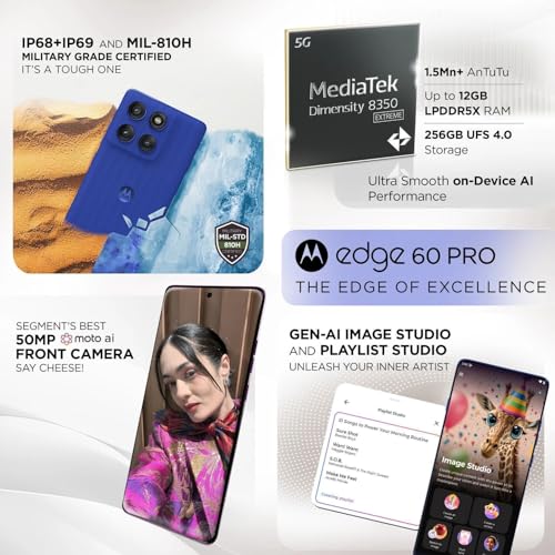 Image of MOTOROLA Edge 60 Pro 5G (Pantone Dazzling Blue, 16GB RAM, 512GB Storage) | MediaTek Dimensity 8350 Processor | 50MP + 50MP + 10MP Triple Rear Camera |50MP Front Camera |6.7-inch 1.5K Super HD+ Display