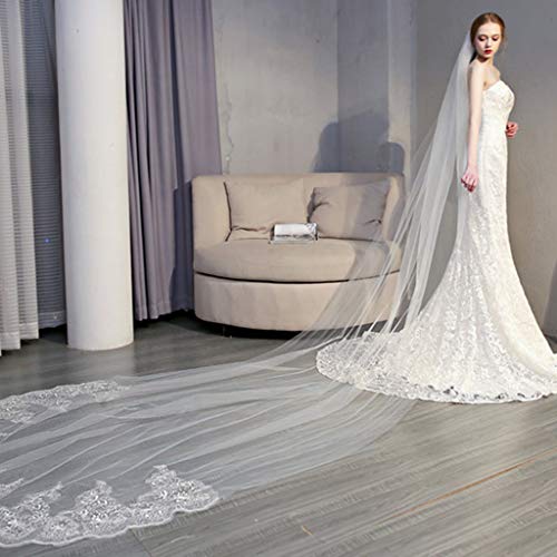Velos nupciales de encaje floral para mujer tipo velo de novia de catedral de capa larga 4